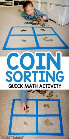 a child is playing with coins on the floor and in front of it are two pictures that say coin sorting