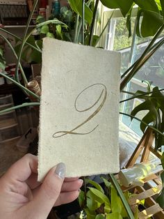 a person holding up a piece of paper with the number two on it in front of a potted plant