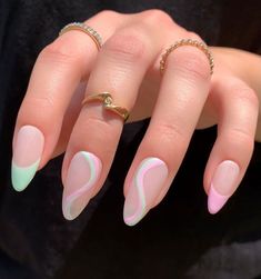 Abstract Swirl Nails, Nails Pastel Pink, Swirl Nails, Nails Pastel, Green French, Super Cute Nails, Style Nails, Medium Almond