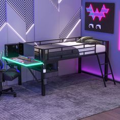 Gaming Mid Loft Bed With Desk and LED, Twin Size Gaming Loft Bed, Gaming Loft, Tv Desk, Gaming Bed, Desk And Storage, Metal Loft Bed, Loft Bed With Desk, Loft Bed Frame, Bed With Led Lights