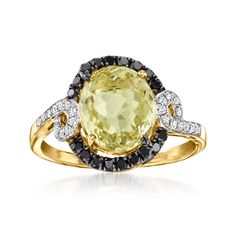 LeVian - Le Vian 2.80ct Lemon Quartz, .22ct t. w. Blackberry Diamond Ring, Vanilla Diamond Accents in 14kt Honey Gold. Size 7. With a rich history dating back to the 15th century, Le Vian jewelry is well known for its decadent designs and innovative use of color. This glamorous cocktail ring blends high-impact hues for an incredible result, featuring an incandescent 2.80 carat oval lemon quartz haloed by .22 ct. t. w. round brilliant-cut black diamonds and flanked by white diamond-accented swirls. Finely crafted in polished 14kt yellow gold. Black rhodium. 1/2" wide. Le Vian black diamond and lemon quartz ring. Diamond birthstones are the perfect gift for April birthdays. Le Vian Jewelry, Lemon Quartz Ring, Levian Jewelry, Diamond Birthstone, Le Vian, Black Diamonds, Lemon Quartz, Black Rhodium, Quartz Ring