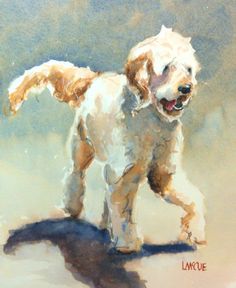 a watercolor painting of a dog with its mouth open