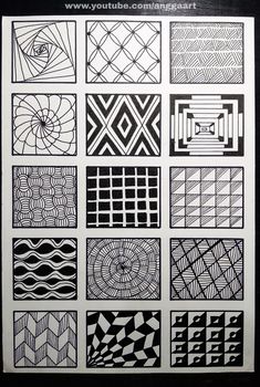 some black and white art work with different designs on it's sides, including squares