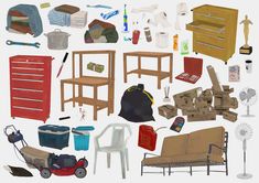 an assortment of furniture and items displayed on a white background with clippings for each item