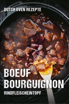 beef boeuf bourguignon recipe in dutch oven with text overlay