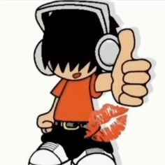 a cartoon character with headphones on giving the thumbs up