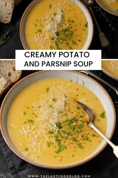 two bowls of creamy potato and parsnip soup with bread on the side