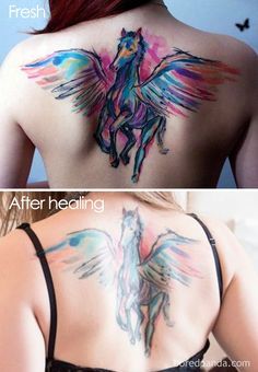 the back of a woman's neck with colorful tattoos on it and an image of a