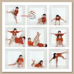 multiple pictures of children in orange shirts laying on their stomachs and posing for the camera