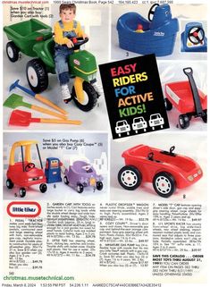 children's toys are featured in an advertisement for kids's toys, including tractors and cars