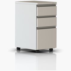 an office file cabinet with three drawers on casteors in front of a white background