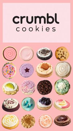 a pink poster with lots of different types of doughnuts and cookies on it