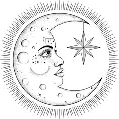 a drawing of a woman's face on the moon with stars in the background