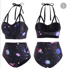 Dressfo Galaxy Print Caged Top High Waisted Bottom Peekaboo Side Bottoms Goth Swimwear, Goth Swimsuit, White Bathing Suit Top, Crop Tankini, High Waisted Swimsuit Bottoms, Bandeau Tankini Top, Bandeau Tankini, Swimsuit Bottoms, Swimwear Tankini