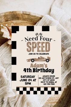 a birthday card with a car and checkered paper on it, says need four speed join us to celebrate