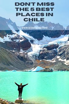 Girl stands on the shore of beautiful turquoise lake with snowy mountains Hiking Patagonia Chile, South America Travel Itinerary