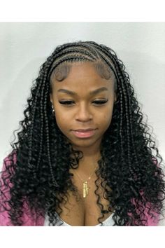 Cornrow Hairstyles With Leave Out, Corn Row Front Sew In Back, Cornrow Sew In Hairstyles, Zig Zag Braids Natural Hair, Braids Going Back With Curls, Cris Cross Fulani Braids, Fulani Braids With Sew In Short, Zig Zag Fulani Braids With Curls, Half Weave Half Braids Loose Wave