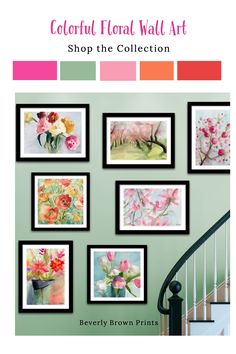 colorful floral wall art on the wall in front of a staircase with pink and green flowers