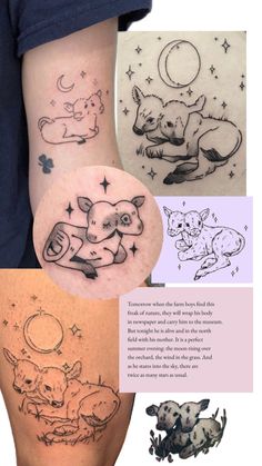 some tattoos that are on the back of someone's leg and one has an animal in it