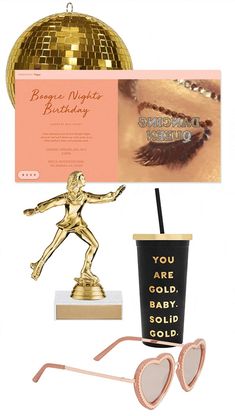 some items that include sunglasses, a card and a gold ball with the words happy birthday on it