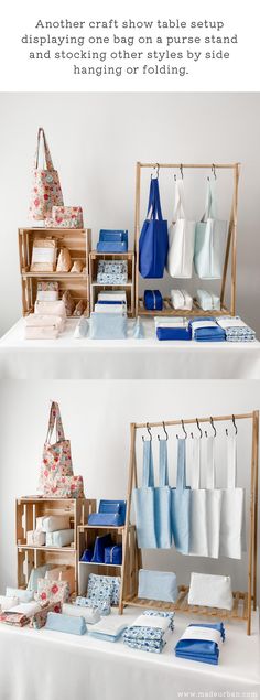 two shelves filled with different items on top of a white table covered in blue and white cloths