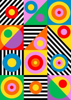 an abstract painting with circles and stripes in different colors on black, white, pink, blue, green, yellow