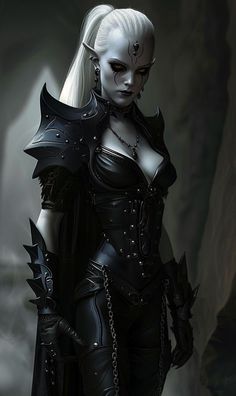 a woman with white hair and black makeup in a gothic costume, holding chains on her shoulder