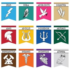 an image of the symbols of ancient greek nations in different colors and sizes with names on them