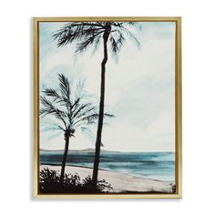 a painting with palm trees and the ocean in the background