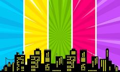 an image of city skyline with sunburst background