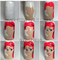 Uñas kawaii Ariel Cartoon Nail Designs, Crazy Nail Art, Unghie Nail Art, Nail Drawing, Nail Art For Beginners, Crazy Nails