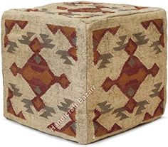 a cube shaped ottoman made out of jute and fabric with geometrical designs on the sides