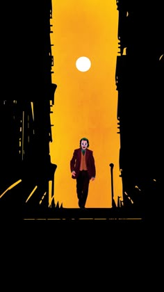 the joker is walking through an alley way in front of a yellow sky and tall buildings