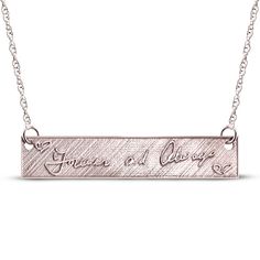 An absolutely one-of-a-kind gift, this necklace features a meaningful message in your own handwriting. 10K rose gold The textured bar pendant is embossed with your chosen message — provided by you and expertly transferred using modern technologyCustomize the look with a name or message inscribed on the back of the pendant 18-inch rope chain with spring ring clasp This product is waterproof and scratch-resistant Please follow these steps: 1) Place your order; 2) Text your photo from your smartpho Please Respond, Text Messaging, Order Confirmation, Meaningful Messages, Bar Pendant, Accessories Jewelry Necklace, Rope Chain, Bar Necklace, Spring Rings