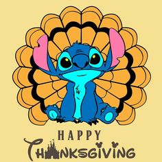 a cartoon character sitting in front of a turkey with the words happy thanksgiving written on it