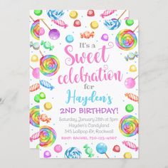 a candy themed birthday party card with colorful candies and lollipops on it