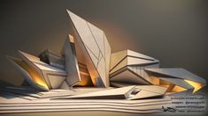 an architectural rendering of a building made out of folded sheet paper and lit up at night