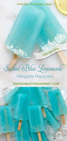 two popsicles with blue lemonade on top and the words salted blue lemonade