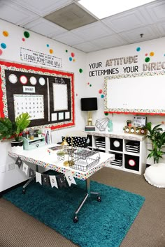 an office decorated in bright colors with lots of decorations on the walls and desks