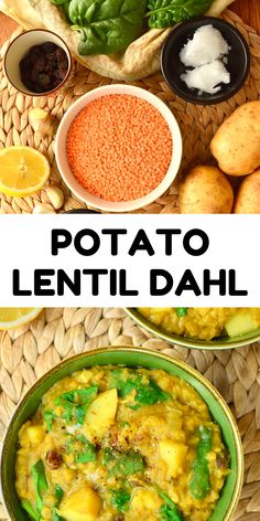 potato lentil dali with spinach, carrots and other ingredients in bowls