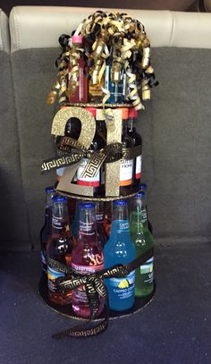 there is a tower made out of bottles