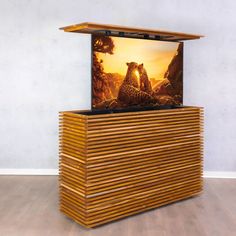 a television that is sitting on top of a wooden cabinet