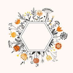 an octagonal frame surrounded by flowers and leaves