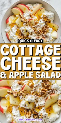 cottage cheese and apple salad in a white bowl on a marble table with text overlay