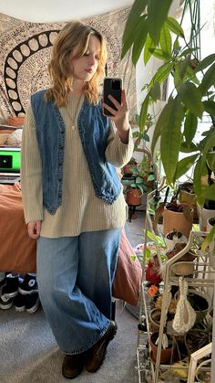 Michigan Fall Outfits, Sweater Denim Skirt Outfit, Styling Denim Vest, Leather Vest Styling, Raining Outfits, Sweater Vest Fall Outfits, Styling Brown Doc Martens, Big Denim Jacket Outfit, Doc Marten Crazy Horse Outfit