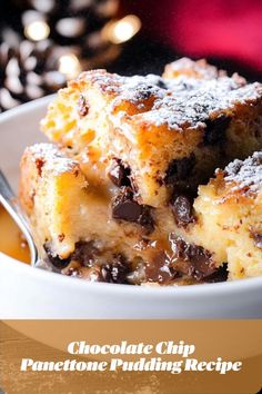 This panettone bread pudding is studded with chocolate chips, combining the sweet flavors of Italian bread with a touch of chocolate for easy Christmas comfort. Bread Pudding Ideas, Chocolate Chip Panettone, Pudding Ideas