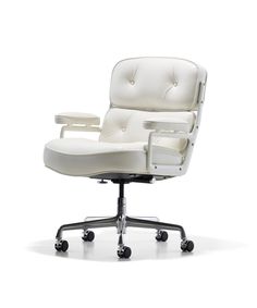 an office chair with wheels on the back and seat upholstered in white leather