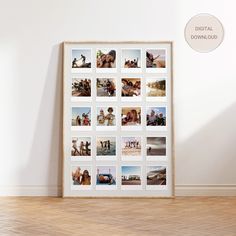 a wooden frame with multiple pictures on it in front of a white wall and hardwood floor