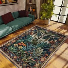 a living room filled with green couches and a rug on top of a hard wood floor