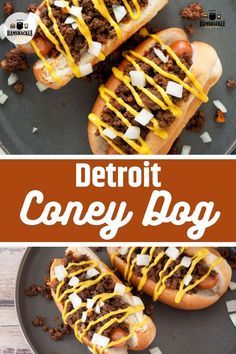 two hot dogs covered in cheese and onions on a plate with the words detroit coney dog